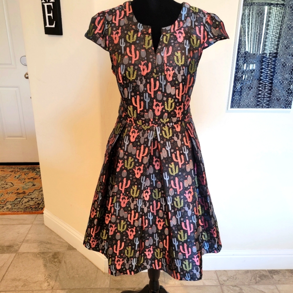 ModCloth Metallic Cactus Desert Print Fit And Flare Dress - Size 12